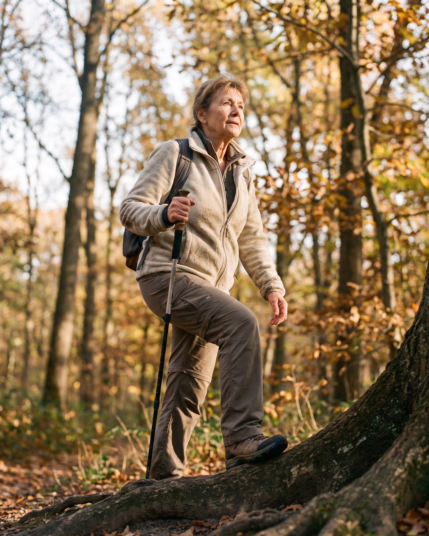 A woman hiking up a wooded trail in autumn light, stepping confidently over a tree root