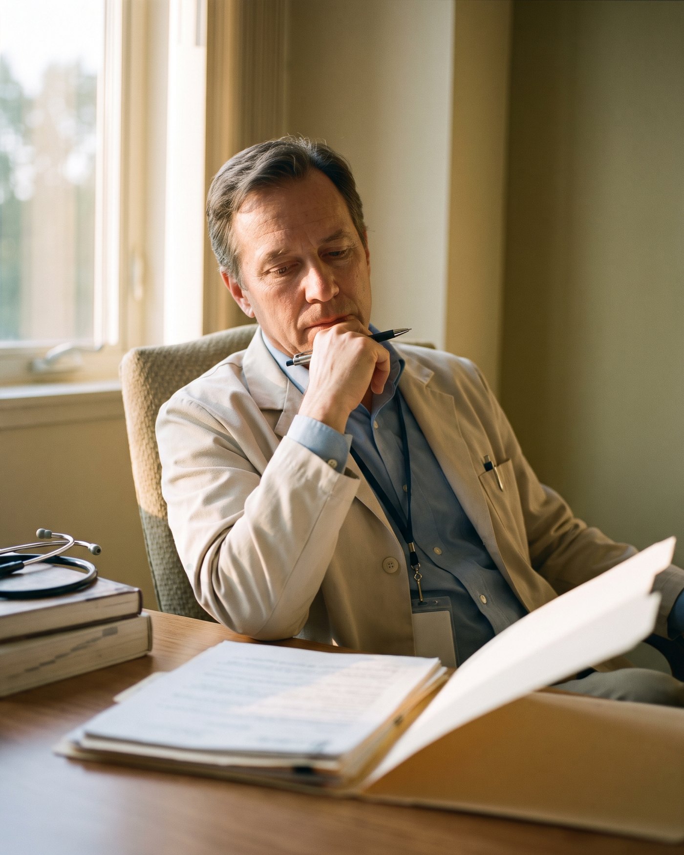 A physician at their desk, pen to chin, considering an open case file