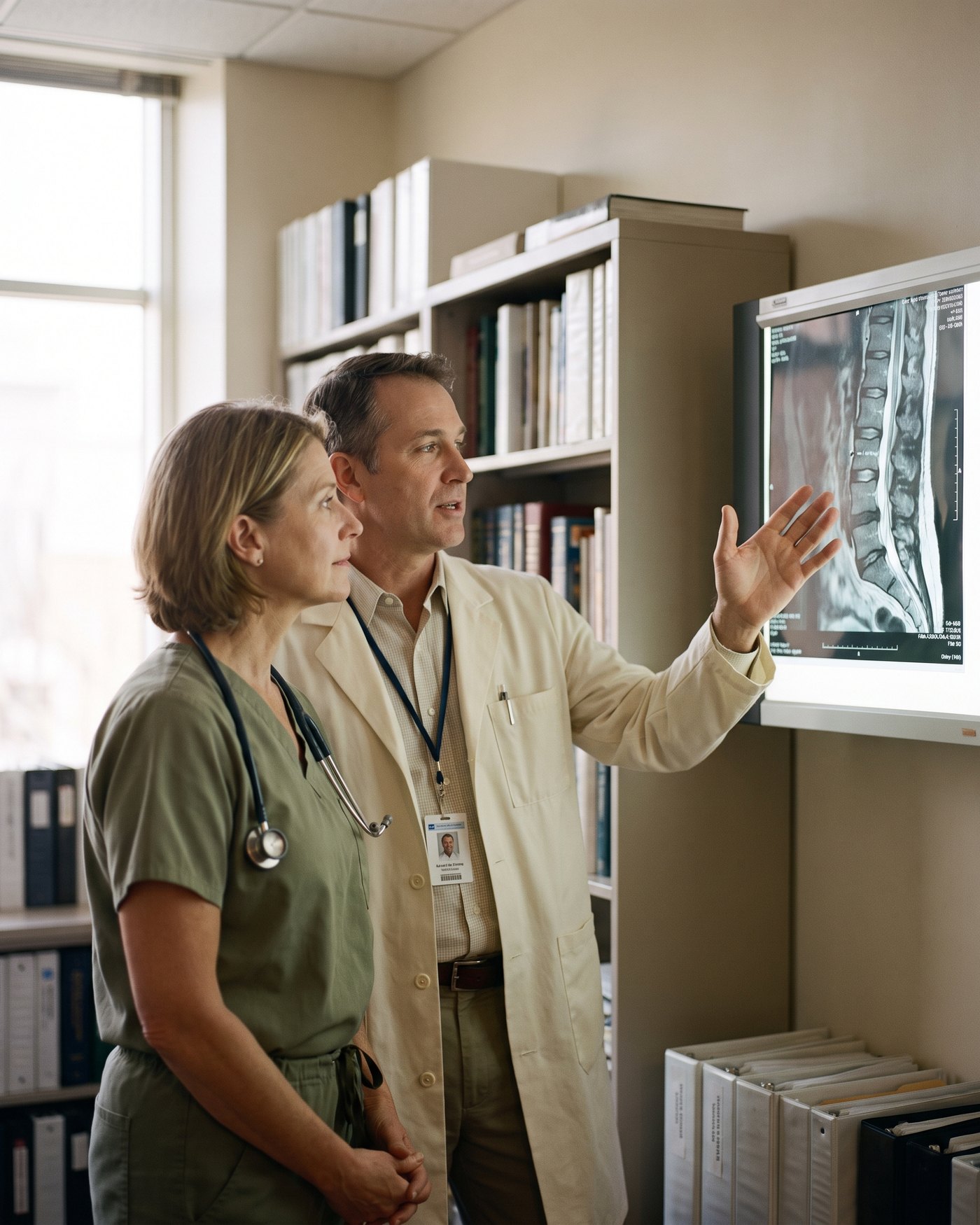 Two physicians studying a lumbar spine MRI together, one indicating a level on the image mid-discussion