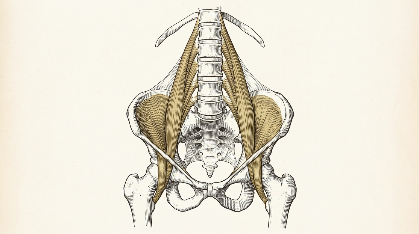 Engraved anatomical plate: the lumbar spine and pelvis from the front, the psoas and paraspinal muscles picked out in gold